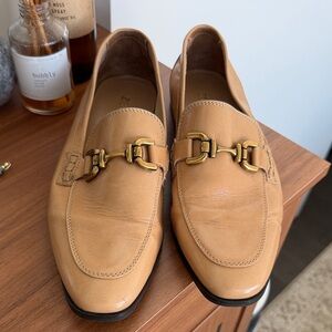 Tan Leather Loafers with Gold Buckle